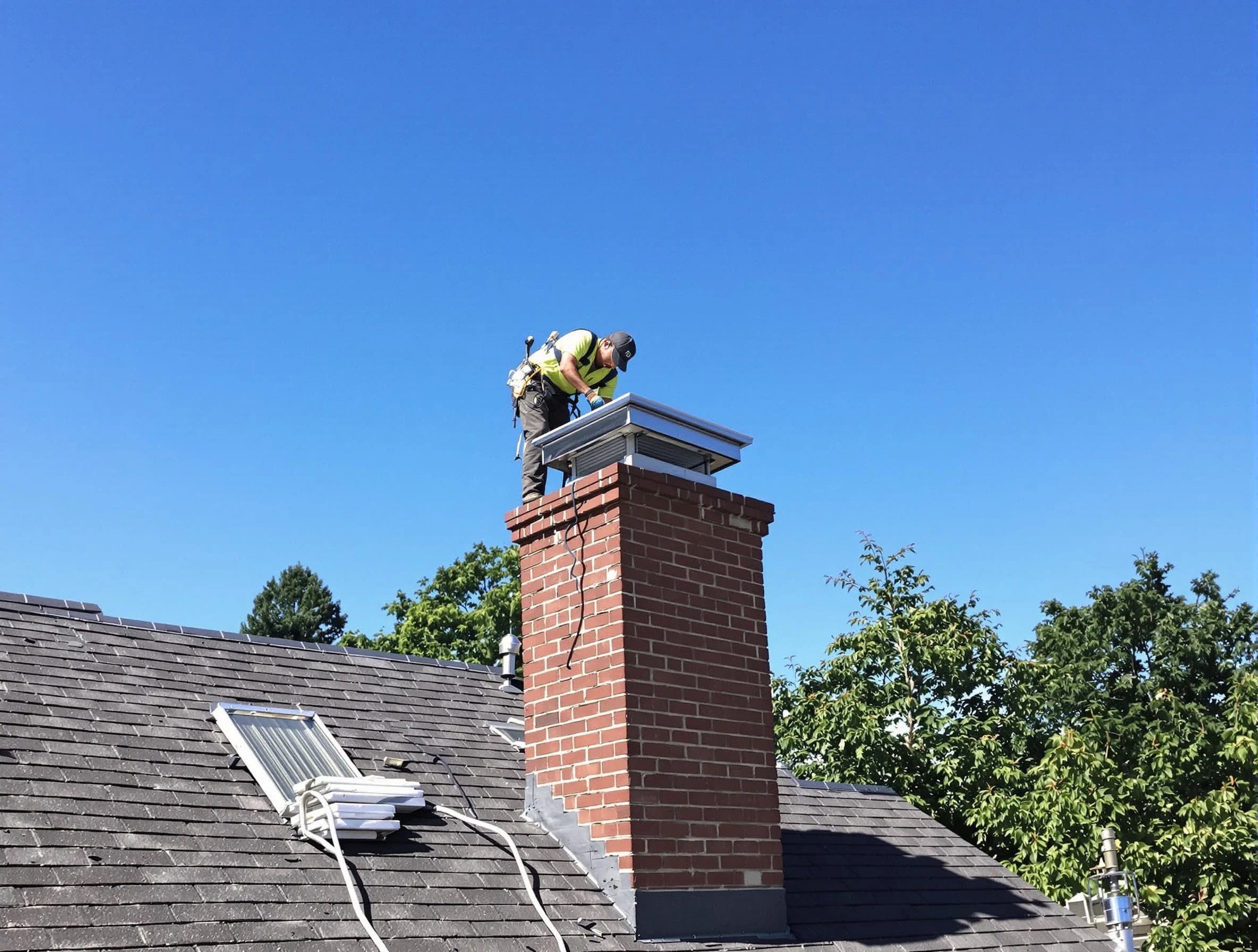 Stone Mountain Chimney Sweep technician measuring a chimney cap in Stone Mountain, GA